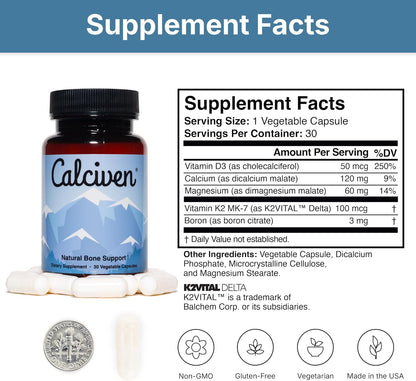 Calciven Natural Bone Support Supplement, Vegetarian, Gluten-Free 30 Vegetable Capsules