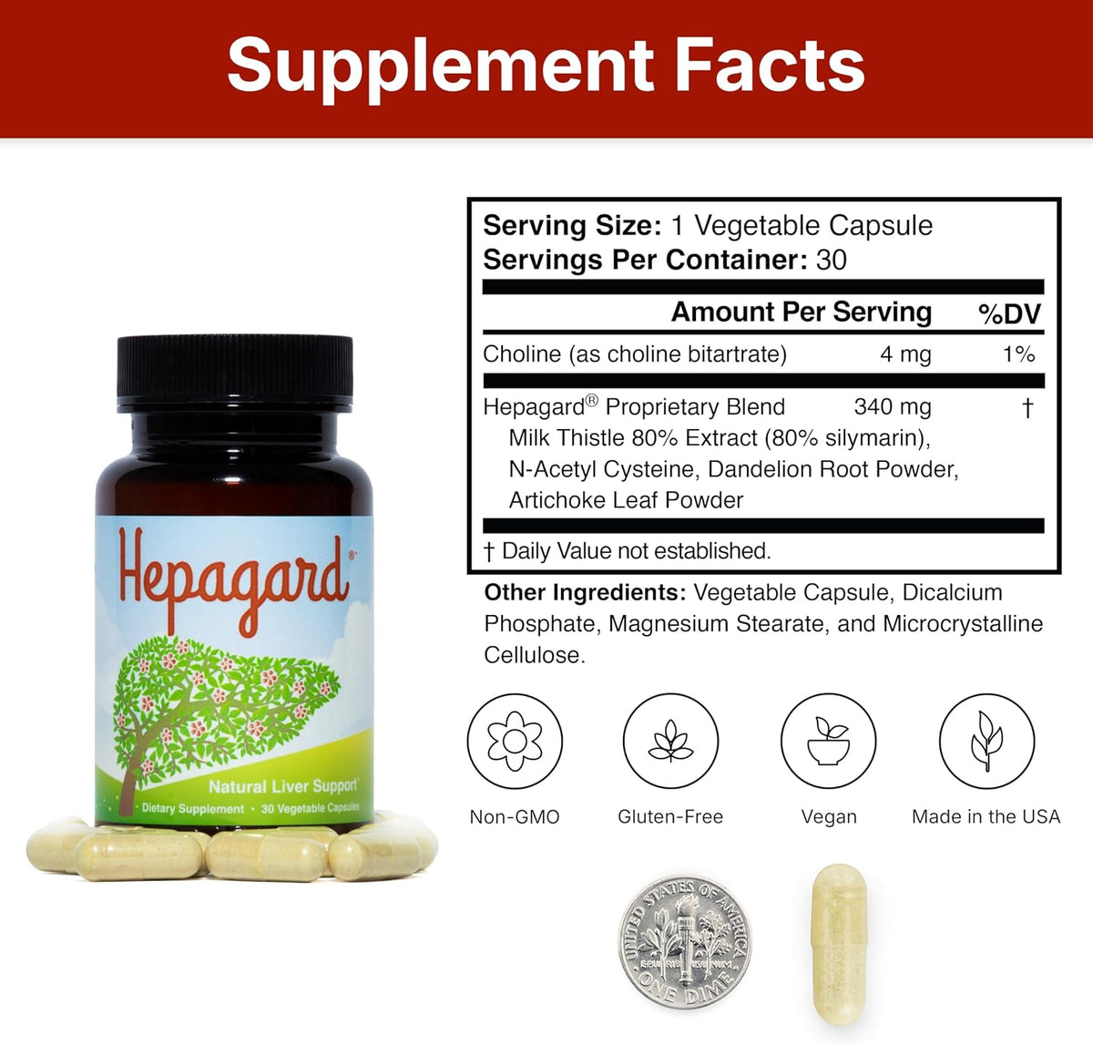 Hepagard Natural Liver Support Supplement with NAC, Vegan, Gluten-Free 30 Vegetable Capsules