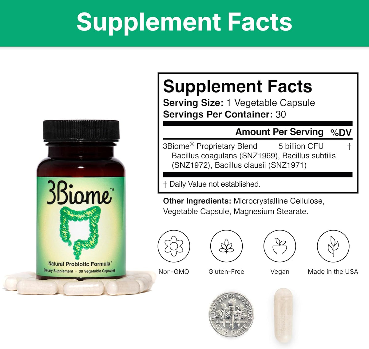 3Biome Natural Probiotic Supplement for Gut Health, Vegan, Gluten-Free 30 Vegetable Capsules