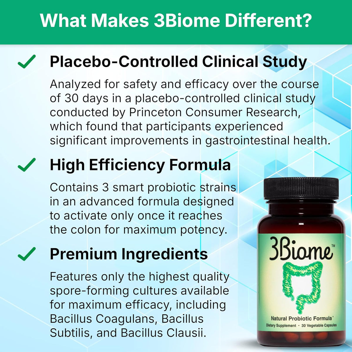 3Biome Natural Probiotic Supplement for Gut Health, Vegan, Gluten-Free 30 Vegetable Capsules
