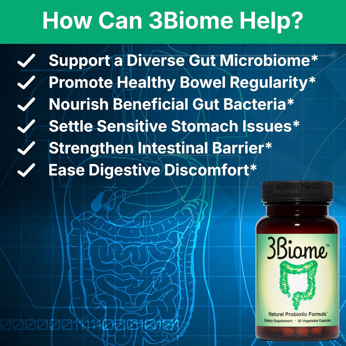 3Biome Natural Probiotic Supplement for Gut Health, Vegan, Gluten-Free 30 Vegetable Capsules