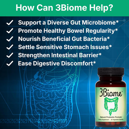 3Biome Natural Probiotic Supplement for Gut Health, Vegan, Gluten-Free 30 Vegetable Capsules